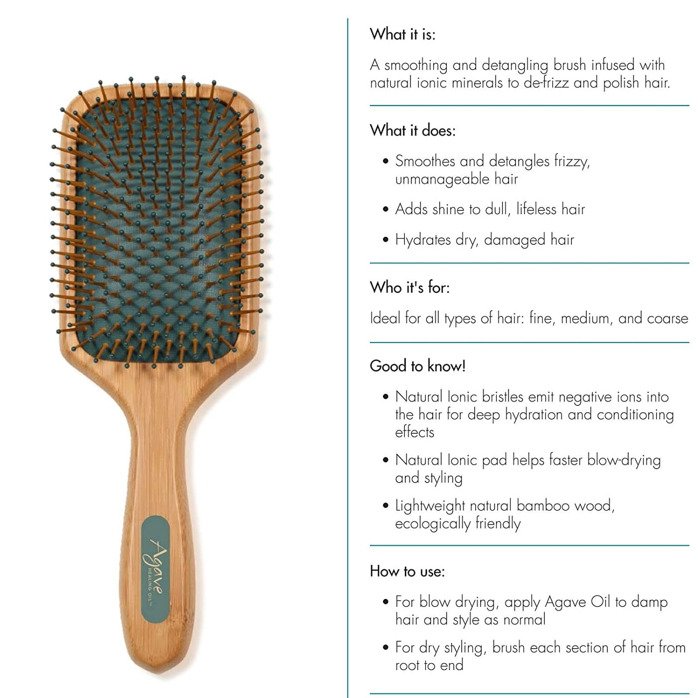 Agave Smooth & Shine Natural Bamboo Paddle Brush, 4.2 Oz