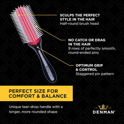 Denman Classic Styling Brush 9 Row - D4 - Hair Brush for Separating, Shaping & Defining Curls - Blow-Drying, Styling & Detangling Brush – Black